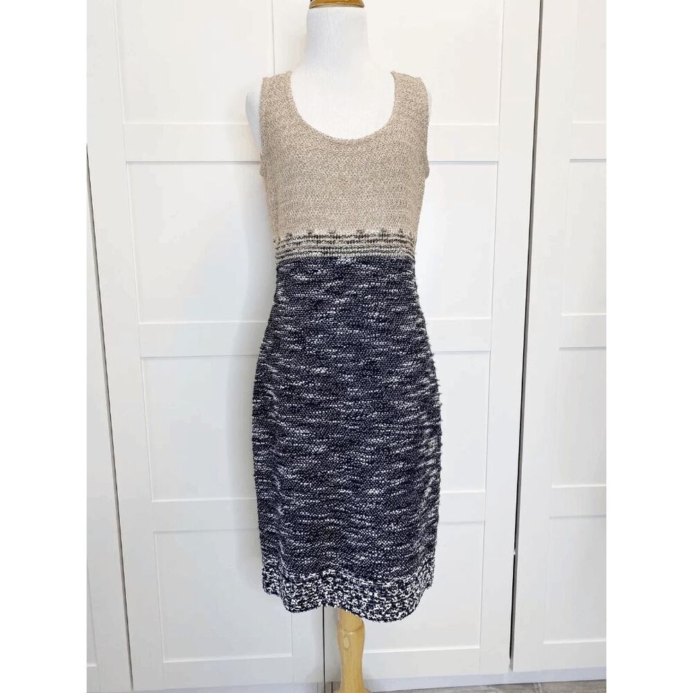 st john boucle knit dress Couture Sleeveless Brown Black 4 Color Block Short Puff Sleeves